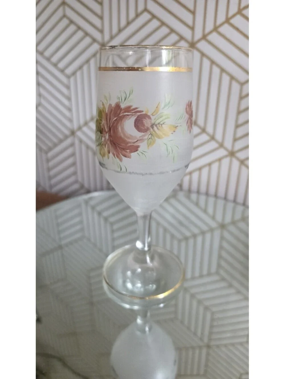 Vintage Interpur Handpainted Rose Frosted Wine Glass Replacement 6 5/8”